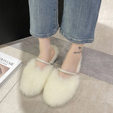 Hnzxzm Comfortable Soft Fur Mules Slippers Women Autumn Winter Square Heels Warm Plush Slippers Woman High Heel Faux Fur Slides