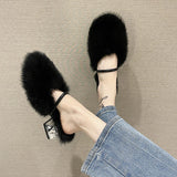 Hnzxzm Comfortable Soft Fur Mules Slippers Women Autumn Winter Square Heels Warm Plush Slippers Woman High Heel Faux Fur Slides