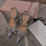 Hnzxzm Brand Luxury Crystal Sequined Bowknot Women Pumps Sexy Ankle Strap High heels Female Sandals Summer Fashion Wedding Prom Shoes