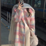 cold weather outfits Pink Plaid Woolen Overcoat for Women 2024 Spring and Autumn New Korean Style Mid-Length Woolen Overcoat for Women