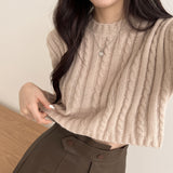 leapord outfit Korean Style Lazy Style Simple round Neck Long Sleeve Twist Loose Pullover Knitted Top Short Light Khaki Sweater