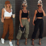 curvy casual outfits 2024 Multi-Pocket Overalls Women's Elastic Waist Loose Drawstring Ankle-Tied Woven Casual Trousers