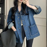 Hnzxzm clothes Retro Denim Coat for Women 2024 Autumn and Winter Simple Casual Loose Lapel Profile Stacked Top