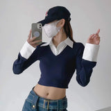 Hnzxzm trending fall outfits 2024 Homemade Preppy Style Fake Two-Piece Long-Sleeved T-shirt Stitching Short Spring and Autumn Top Shirt Collar