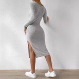 y2k outfits Autumn and Winter Square Collar Long Sleeve Hem Slit Jacquard Brushed Dress Women