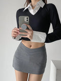 trending fall outfits 2024 Homemade Preppy Style Fake Two-Piece Long-Sleeved T-shirt Stitching Short Spring and Autumn Top Shirt Collar