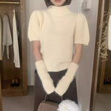 fall brunch outfit Korean Style Gentle Sweet Soft Glutinous Rabbit Fur Knitted Blended Half Turtleneck Puff Sleeve with Oversleeves Chic Sweater