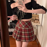 fall outfits 2024 Retro American-Style Red Plaid Pleated Skirt Spring and Summer Hot Girl JK Skirt Preppy Style A- line Skirt