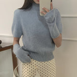 fall brunch outfit Korean Style Gentle Sweet Soft Glutinous Rabbit Fur Knitted Blended Half Turtleneck Puff Sleeve with Oversleeves Chic Sweater