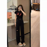 joker costume female outfit Black Straight Ripped Jeans Women's High Waist Summer Loose Slimming Pear-Shaped Wide-Leg Pants