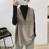 black skirt outfit fall Korean Style V-neck Vest Vest Women's Autumn and Winter Sleeveless Mid-Length Loose Knitted Sweater Top