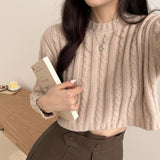 leapord outfit Korean Style Lazy Style Simple round Neck Long Sleeve Twist Loose Pullover Knitted Top Short Light Khaki Sweater