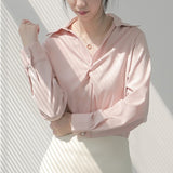 trending fall outfits 2024 Spring and Autumn Pink Draping Shirt Women's Slimming Light Familiar Small Hong Kong Style Satin Top