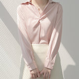 trending fall outfits 2024 Spring and Autumn Pink Draping Shirt Women's Slimming Light Familiar Small Hong Kong Style Satin Top