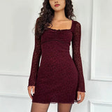 dress to impress outfits Fall 2024 Style French Retro Flocking Floral Print Long Sleeve Dress Slim Slimming Short Skirt