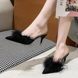 Hnzxzm Blue High Heels Party Sandals Women Summer Pointed Toe Fur Slippers Woman Elegant Slip On Thin Heeled Shoes Outdoor Slides