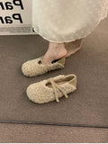 Hnzxzm Winter Warm Fur Women Mary Jane Shoes Flats Casual Shallow Ladies Comfort Soft Sole House Cotton Shoes