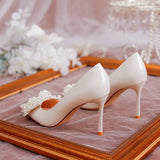 Hnzxzm Luxury Pearl Bowknot Wedding Pumps Women Sexy Stiletto Heels Party Shoes Woman Silk Pointed Toe Rhonestone Pumps Ladies