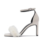 Hnzxzm Summer New Mink Fur Women's Luxury High Heels One Word Buckle Solid Color Square Toe Stiletto Sexy Women's High Quality Sandals