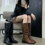 Hnzxzm Shoes for Women Autumn Fahsion Buckle Knee High Boots Retro Tall Boots Woman Pleated Low Heel Casual Leather Female Long Boots