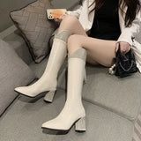 Hnzxzm Footwear Long Square Toe Ladies Boots White Shoes for Women Tassel Winter Knee High Shaft Rhinestone Chic and Elegant Hot New In