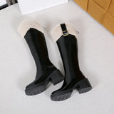 Hnzxzm Winter Knee High Brown Long Boots Comfort Square Heel Zip Belt Buckle Platform Boots for Women  Plush Edge Warm Gothic Shoes