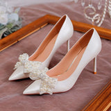 Hnzxzm Luxury Pearl Bowknot Wedding Pumps Women Sexy Stiletto Heels Party Shoes Woman Silk Pointed Toe Rhonestone Pumps Ladies