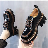 Hnzxzm British Style Chunky Platform Pumps Women Spring Lace Up Thick Heels Loafers Woman Round Toe Patent Leather Shoes