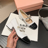 Hnzxzm Mary Jane Single Shoes New French High Heels Women's Chunky Heel Flat Button Strap Square Head Vintage Small Leather Shoes