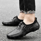 Hnzxzm Fashion men shoes slip on British Style Men Causal Shoes breathable Genuine Leather Men Shoes hole Outdoor Shoes Zapatos Hombre