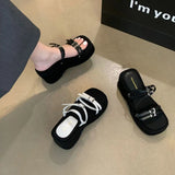 Hnzxzm Narrow Band Women Slippers Wedge High Heels Platform Shoes Black White Summer Outside Slides Fashion Dress Shoes Party Pumps 39