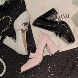 Hnzxzm Sweet Bowknot High Heels Mary Janes Women Cute Round Toe Patent Leather Pumps Woman Slip-On Square Heeled Bow Party Shoes Ladies