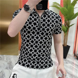 Hnzxzm Summer New Fashion Loose Casual Versatile Printed Half Zipper Short Sleeved Polo Shirt Men Lapel Korean Vintage Thin Top 2024