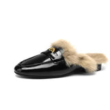 Hnzxzm 2024 New Women's Fuzzy Slippers Winter Warm Flat Half Slippers Fashion Covered Women Shoes Mules Elegant Metal Buckle Loafers