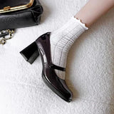 Hnzxzm French High Heel Fairy Striped Mary Jane Shoes Spring New Retro Medium Thick Heel Women's Shoes Small