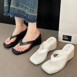 Hnzxzm White Square Toe Wedge Flip Flops Women Korean Style Clip Toe Platform Sandals Woman Summer Outdoor Non Slip Beach Slippers