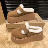 Hnzxzm Women Fur Cotton Slippers Buckle Suede Platform Home Shoes 2025 Winter Boots New Fashion Warm Flats Plush Flip Flops Mules Shoes