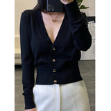 Hnzxzm Elegant Knitted Cashmere Cardigan Women's Sweater Thin Spring and Autumn V-neck Loose Thin Short Wool Coat