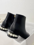 Hnzxzm New pearl short boots, thick heeled Martin boots, British style women's trendy boots, genuine leather and bare single boots