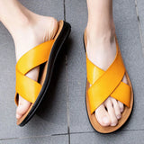 Hnzxzm Fashion Men Real Leather Slippers Summer New Black White/red/yellow Cross Over Slippers Men's Leisure Comfort Flat Sandals