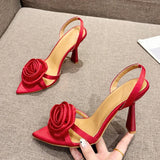 Hnzxzm Summer Fashion Silk Rose Flowers Pointed Open Toe Back Strap Sandals Women Red High Heels Wedding Prom Shoes Zapatos Mujer