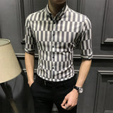 Hnzxzm Summer New Print Striped Men's Medium Sleeved Shirt Korean Trend Button Casual Fashion Versatile Pointed Collar Half Sleeve Top