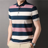 Hnzxzm Summer Men's Polo Shirt Fashion Striped Smart Casual Short Sleeve Tops Slim Turn Down Collar Cotton Breathable Polo Shirt Men