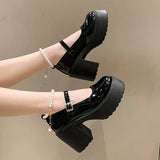 Hnzxzm Black Patent Leather Mary Janes Shoes Women Pearl Buckle Strap Thick Platform Pumps Woman Fashion Super High Heels Banquet Shoes