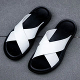 Hnzxzm Fashion Men Real Leather Slippers Summer New Black White/red/yellow Cross Over Slippers Men's Leisure Comfort Flat Sandals