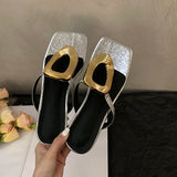 Hnzxzm Designer Summer Flats Women Slippers Fashion Elegant Metal Decoration Slides Rome Ladies Outdoor Beach Vacation Sandalias