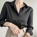 Hnzxzm Light Green Satin Silk Blouse Women 2024 Spring Casual Long Sleeve Turn-down Collar Shirt Office Lady Korean Loose Tops Workwear
