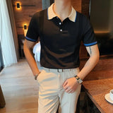 Hnzxzm Korean Trendy Lapel High-end Fashion Simple Knit Polo Shirt Men's Panelled Patchwork Button Loose Versatile Short Sleeved Tops