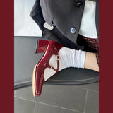 Hnzxzm Vintage Mary Jane women's shoes medium heel small leather shoes square head rhinestone cross buckle wine red thick heel shoes