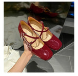 Hnzxzm Vintage Mary Jane women's shoes medium heel small leather shoes square head rhinestone cross buckle wine red thick heel shoes